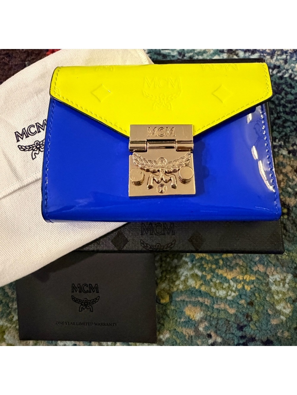 MCM Limited Edition Neon Yellow Blue Patent Wallet
